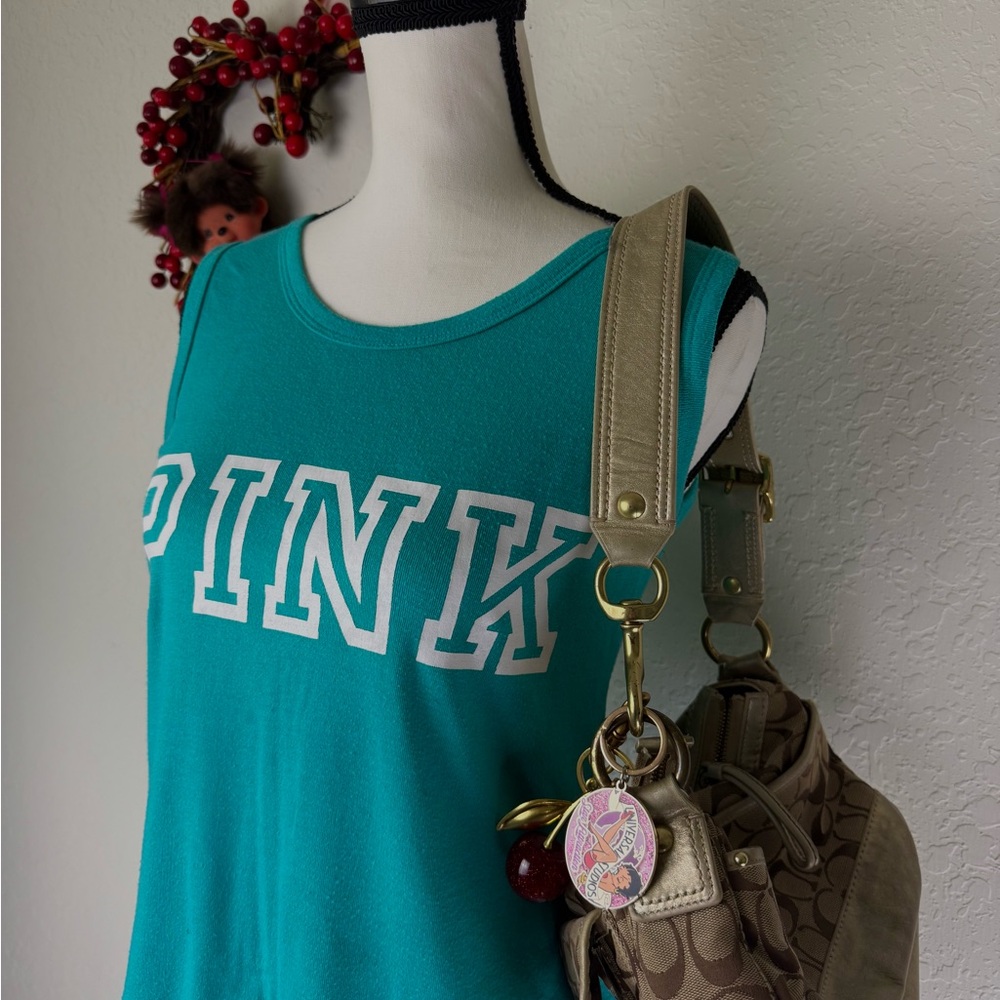Victoria's Secret Teal/Blue PINK sleeveless tee with white lettering. S/M